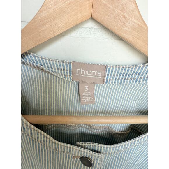 Chico's Blue White Pinstripe Denim Style Cotton Button Jacket sz 12/14 2 - Picture 6 of 6
